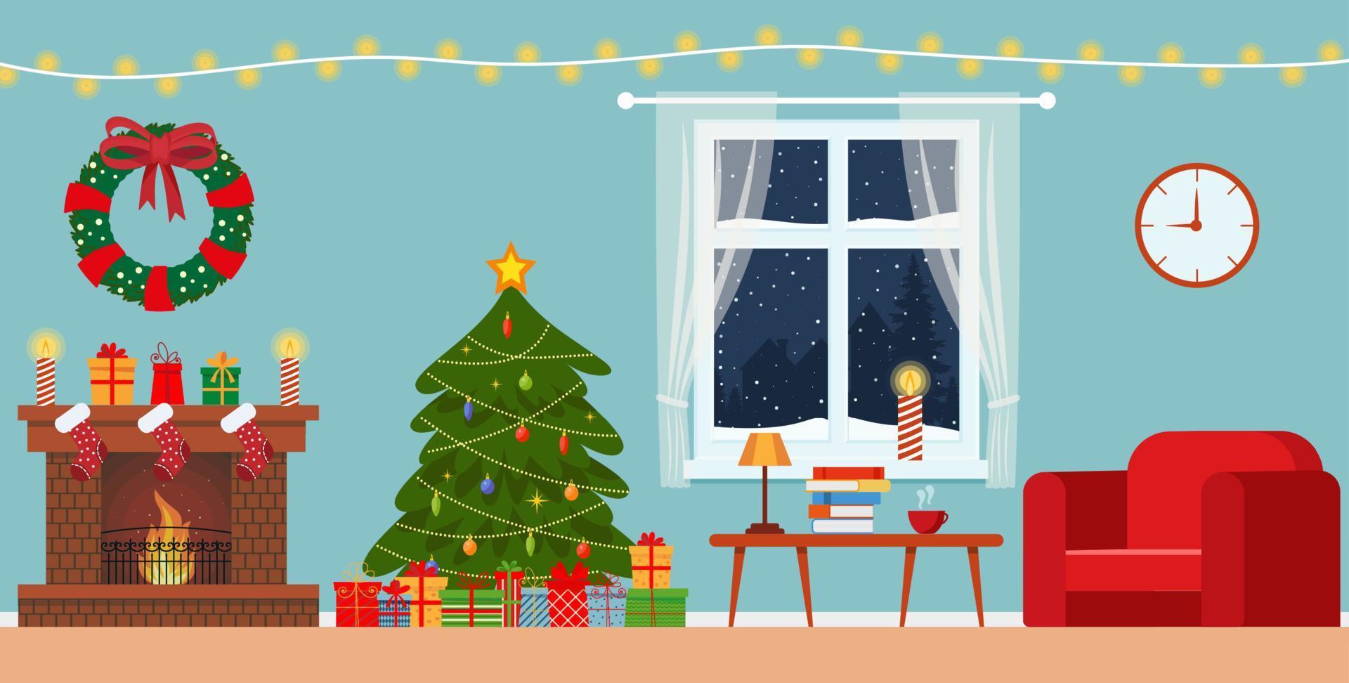 Cozy living interior Christmas with red sofa, gifts, and tree. Vector flat style illustration.