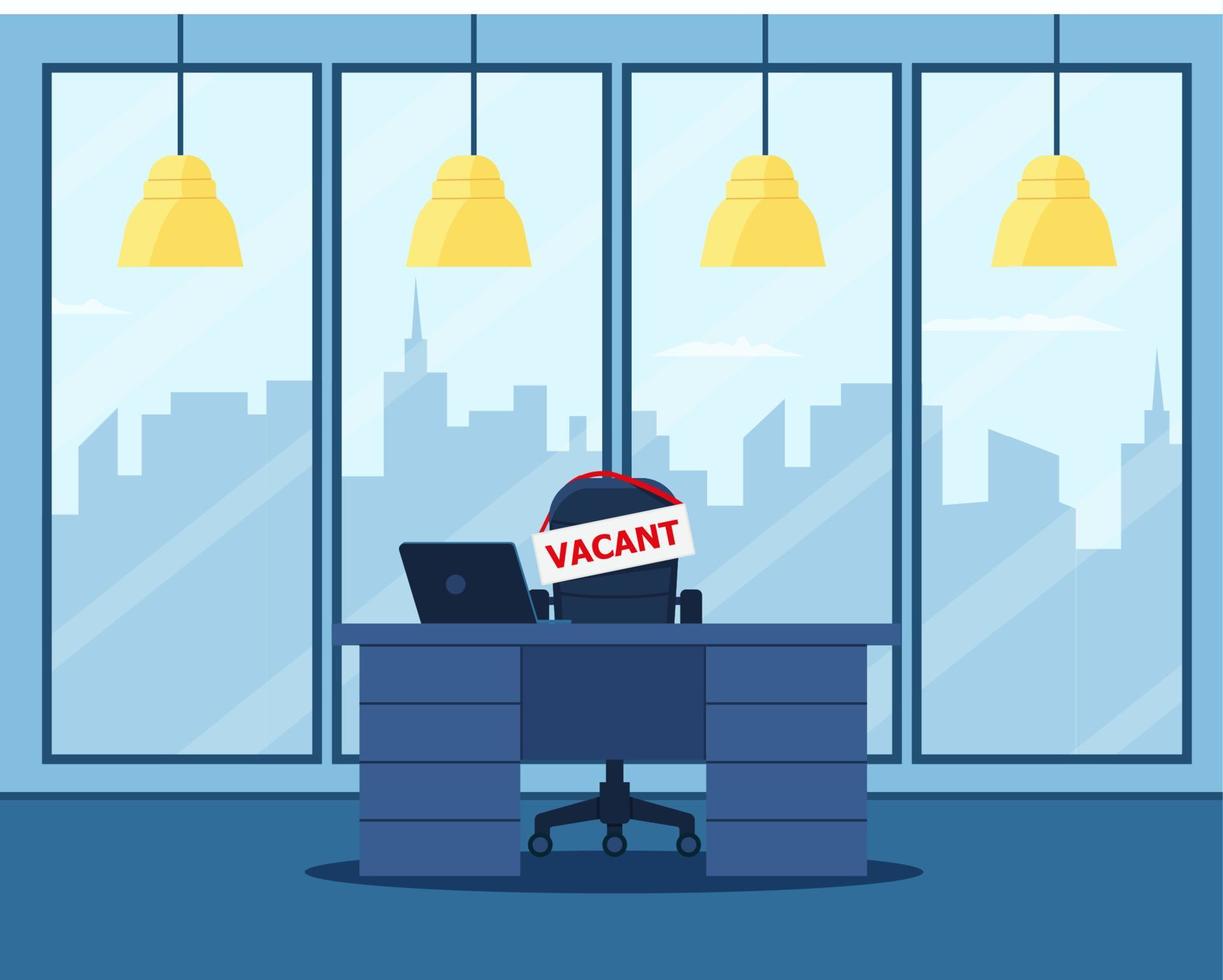 Office workplace with vacancy sign. Empty seat, chair in room for employee. vector