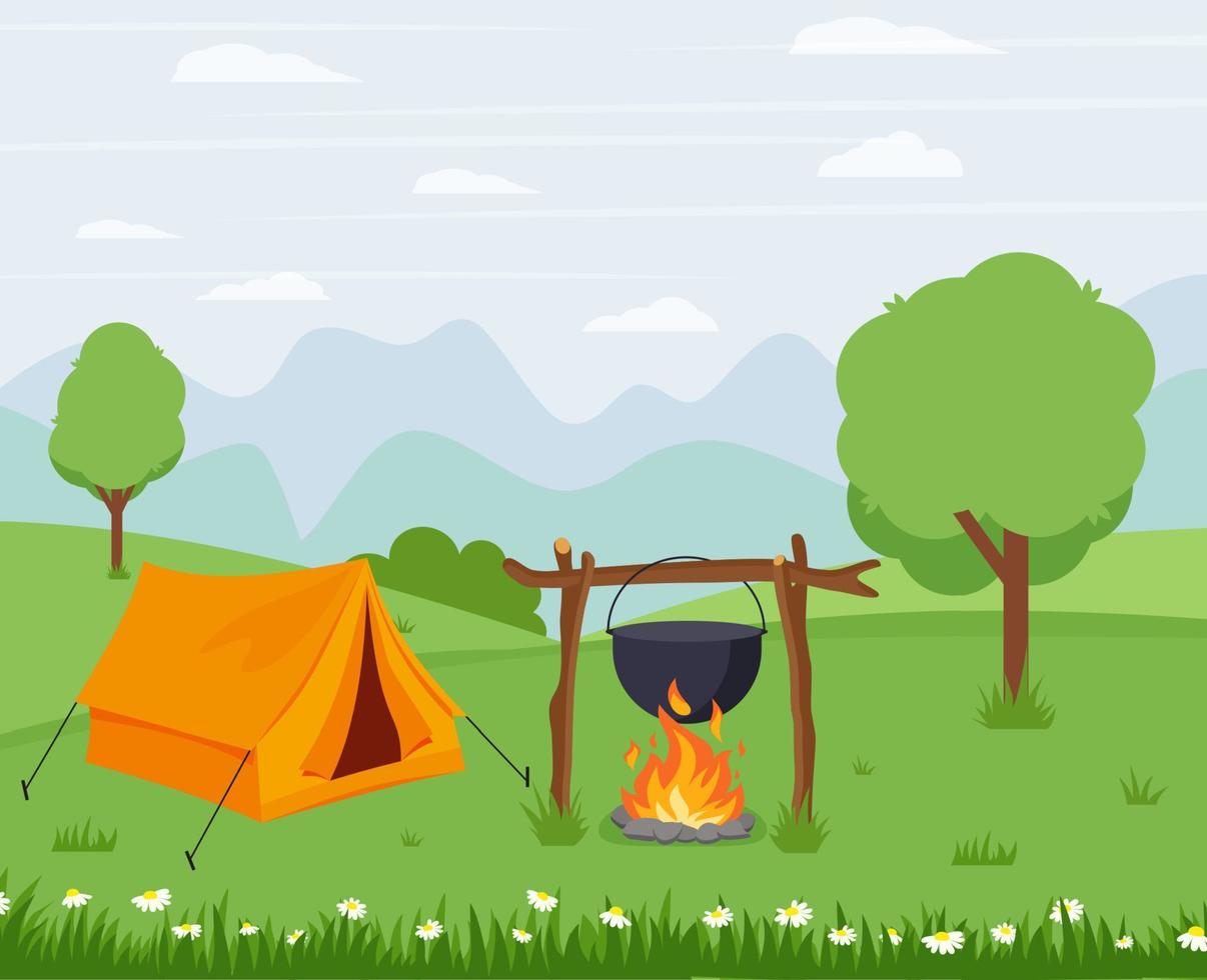 Camping with a tent in nature with a fire. Vector illustration in flat style