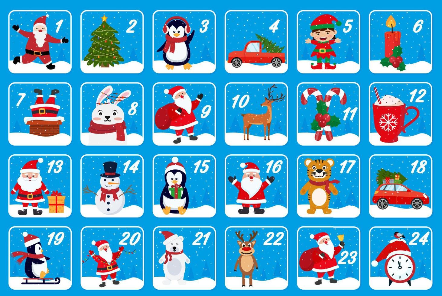 Calendario de adviento. tarjetas de celebración navideña para cuenta regresiva vector