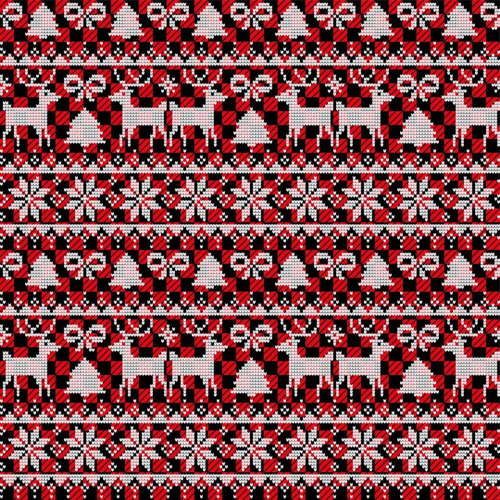 Knitted Christmas and New Year pattern at Buffalo Plaid. Wool Knitting Sweater Design. Wallpaper wrapping paper textile print. vector