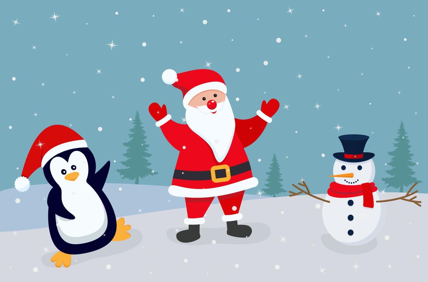 Vector cartoon illustration of cute Santa Claus. snowman and penguin christmas greeting card vector illustration design