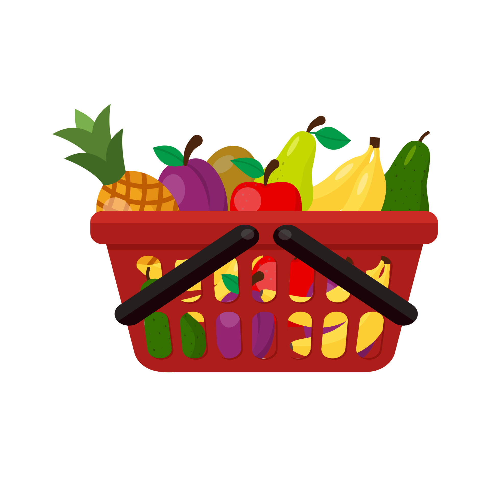 Plastic red basket supermarket with fruit and storage container. Vector