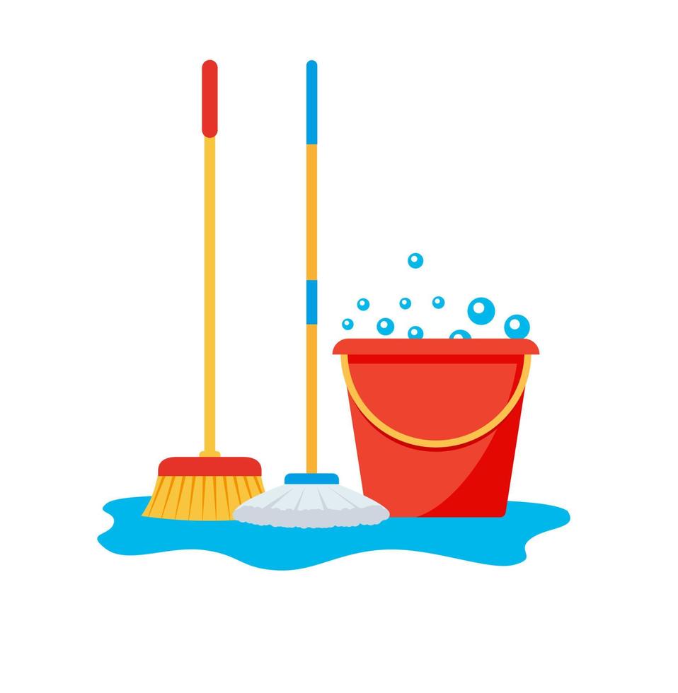 Assorted cleaning items set with brooms, bucket, mops, spray, brushes, sponges. Cleaning accessories flat style. vector