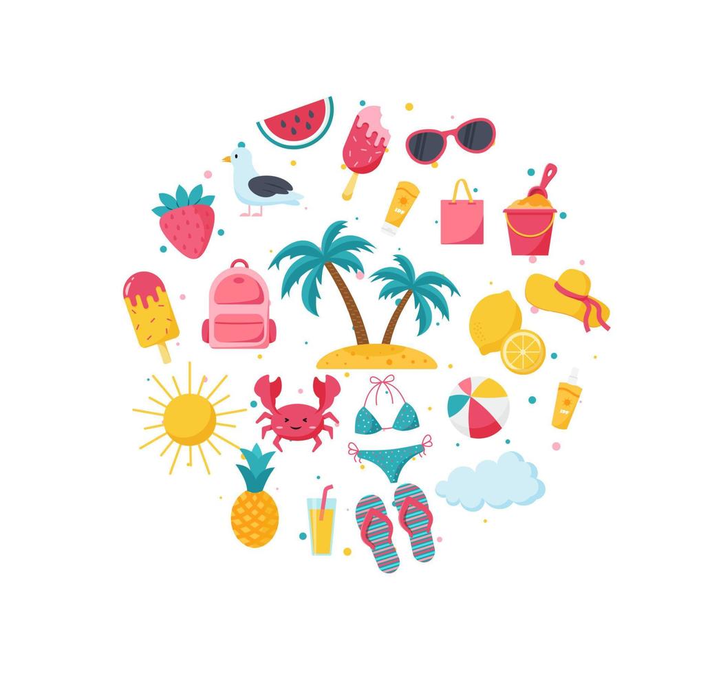 playa de verano ambientada con muchos iconos. ilustración vectorial de dibujos animados. vector