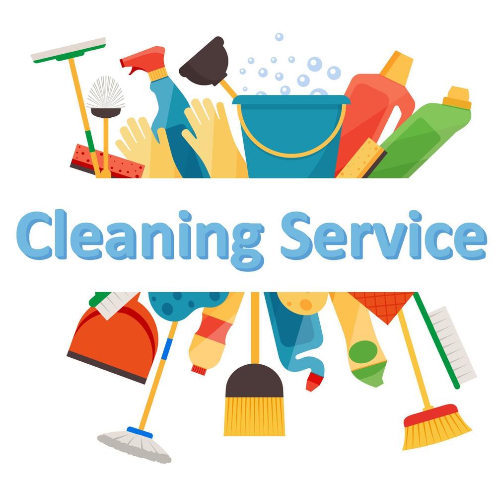 Assorted cleaning items set with brooms, bucket, mops, spray, brushes, sponges. Cleaning service. Cleaning accessories flat style. vector