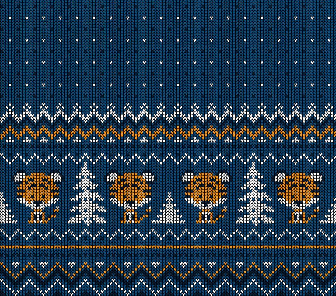 Knitted Christmas and New Year pattern in Tiger. Wool Knitting Sweater Design. Wallpaper wrapping paper textile print. vector