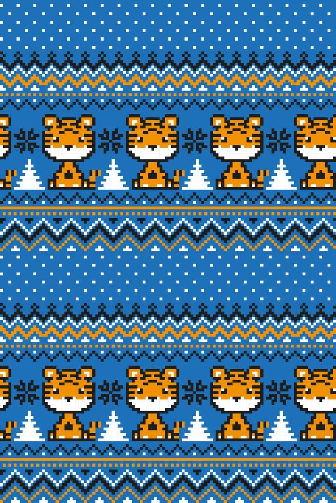 Knitted Christmas and New Year pattern in Tiger. Wool Knitting Sweater Design. Wallpaper wrapping paper textile print. vector