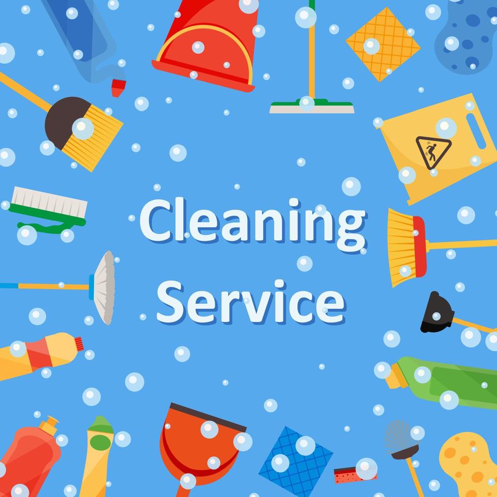 artículos de limpieza variados con escobas, baldes, fregonas, spray, cepillos, esponjas. servicio de limpieza. accesorios de limpieza estilo plano. vector