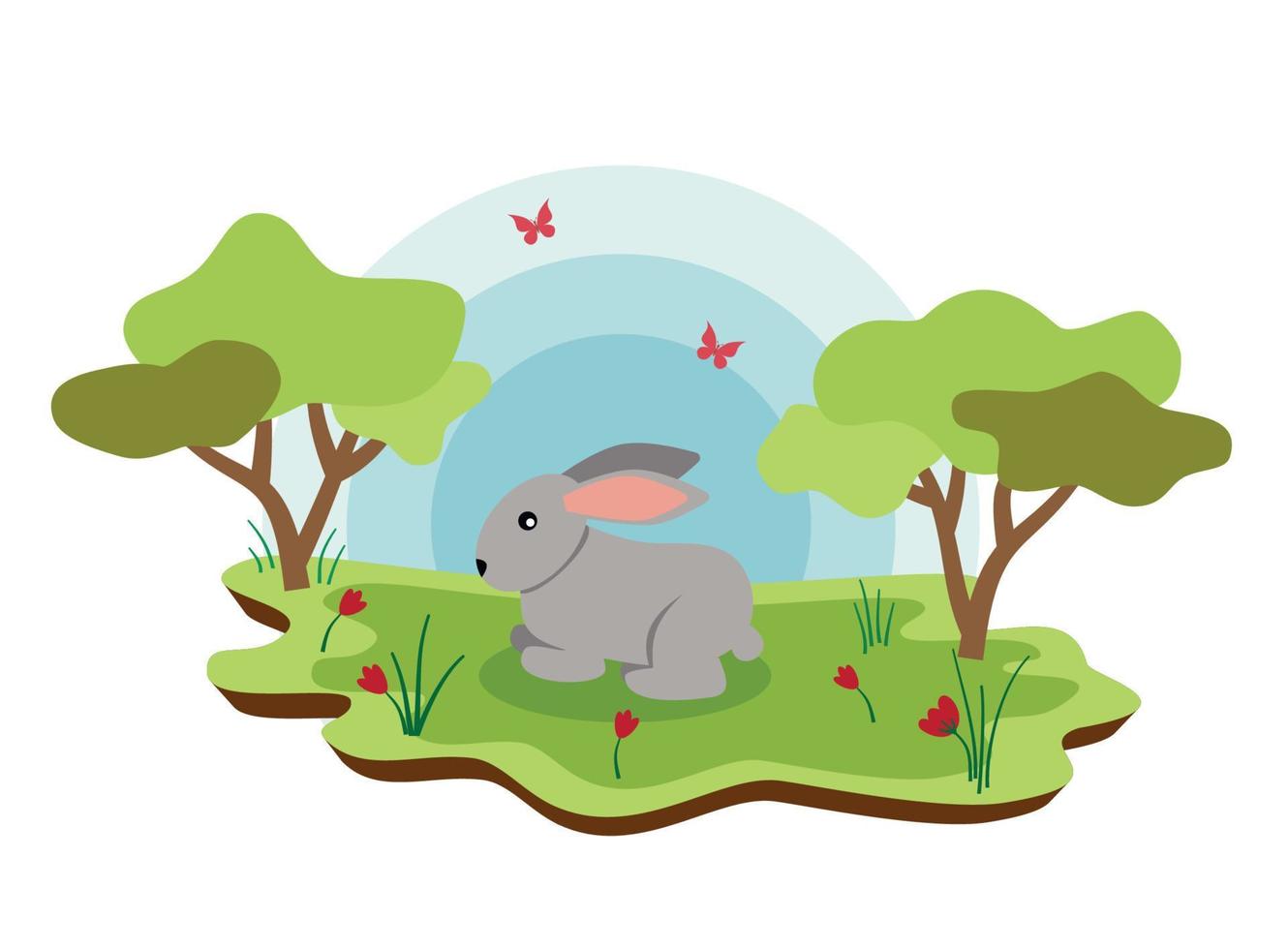 lindo conejo de animales de granja con paisaje primaveral. ilustración de dibujos animados de vectores