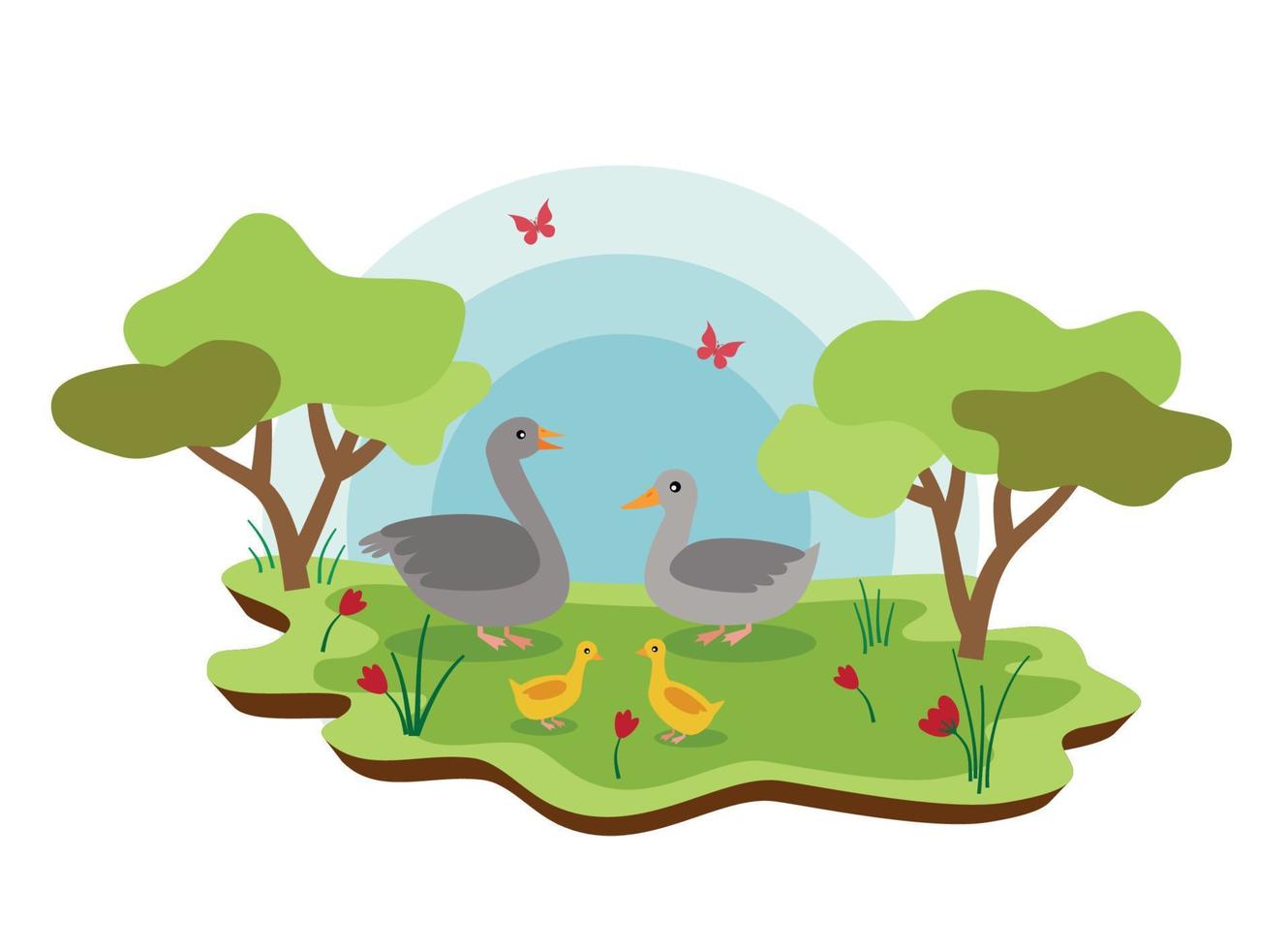 Cute farm animals geese with spring landscape. vector cartoon illustration