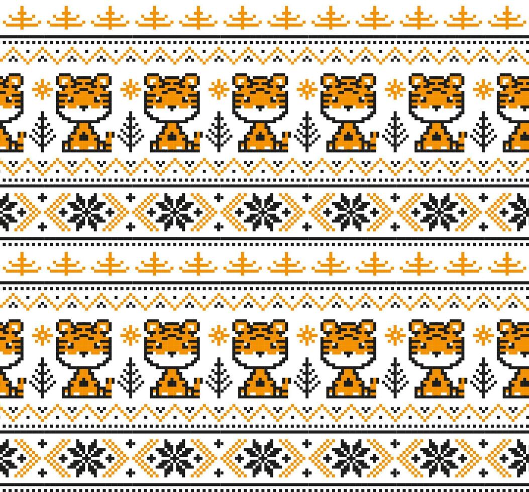 Knitted Christmas and New Year pattern in Tiger. Wool Knitting Sweater Design. Wallpaper wrapping paper textile print. vector
