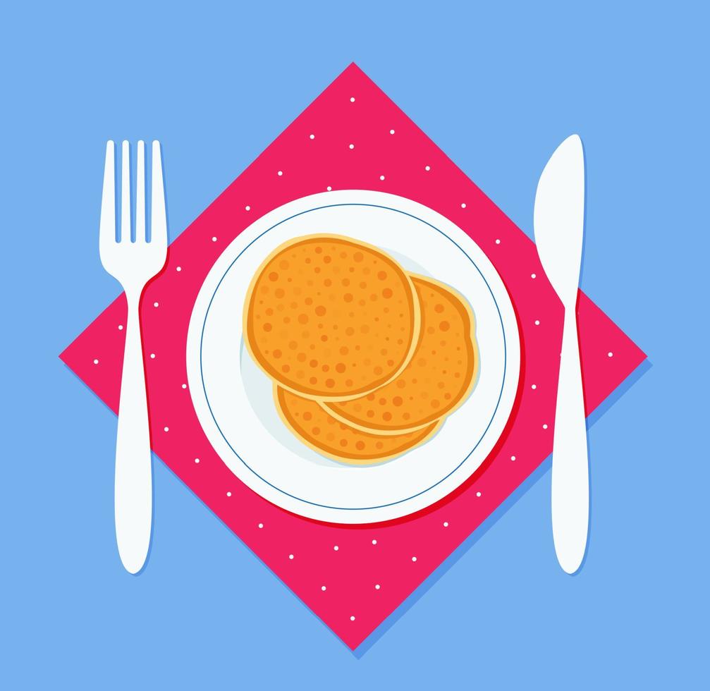 Breakfast pancakes on a plate, with a fork and a knife on a napkin. Vector illustration in flat style