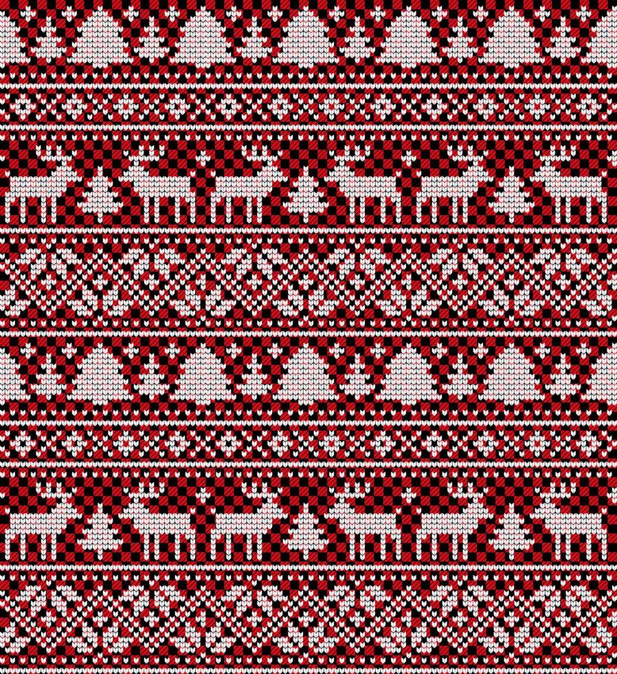 Knitted Christmas and New Year pattern at Buffalo Plaid. Wool Knitting Sweater Design. Wallpaper wrapping paper textile print. vector