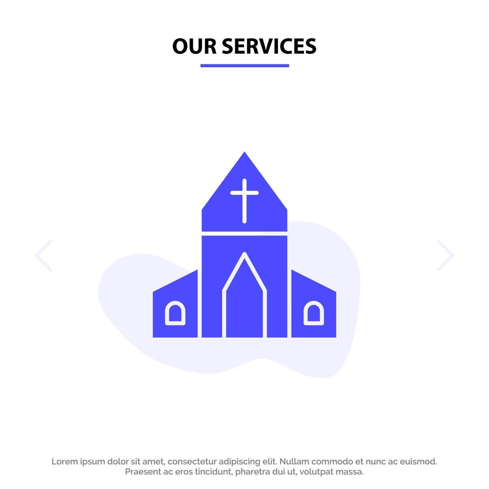 nuestros servicios iglesia casa cruz de pascua icono de glifo sólido plantilla de tarjeta web vector