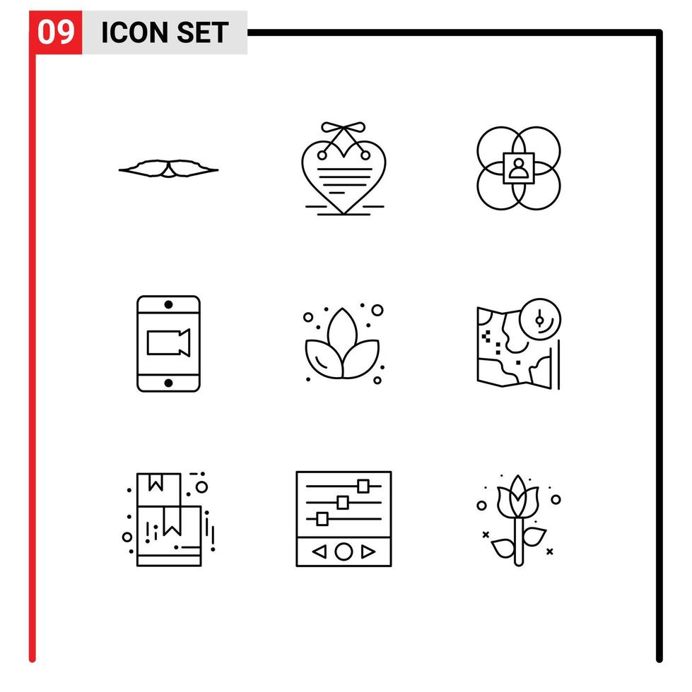 Pictogram Set of 9 Simple Outlines of lotus video love letter mobile model Editable Vector Design Elements