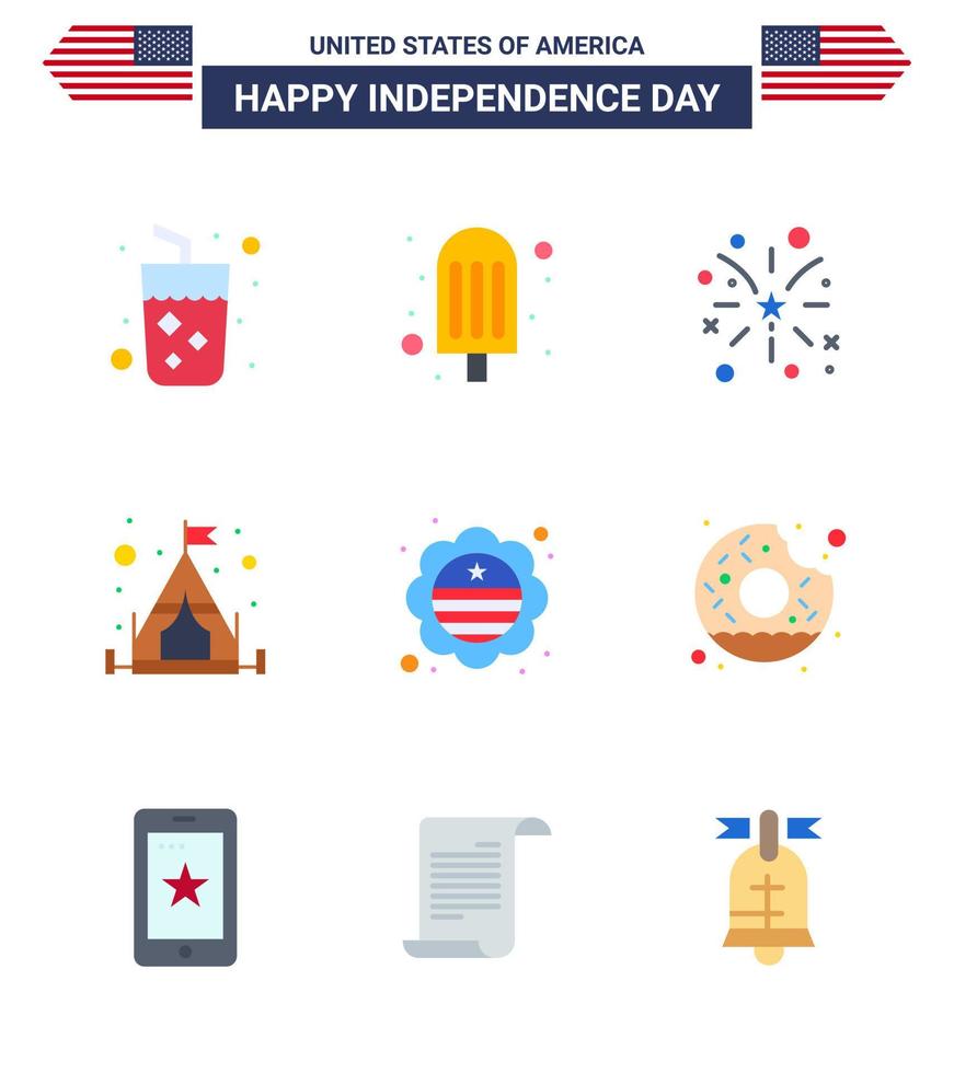 9 USA Flat Pack of Independence Day Signs and Symbols of badge flag fire country camping Editable USA Day Vector Design Elements