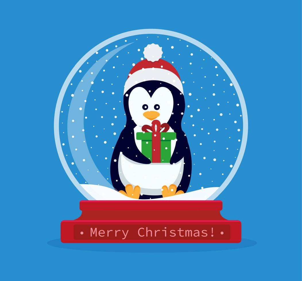 Christmas snow globe with a penguin inside. Merry Christmas. Celebrating new year and christmas. Vector illustration in flat style