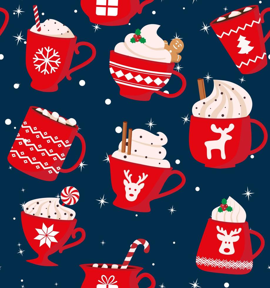 Seamless pattern. Red cup with a hot drink. Christmas cute card. Vector illustration.