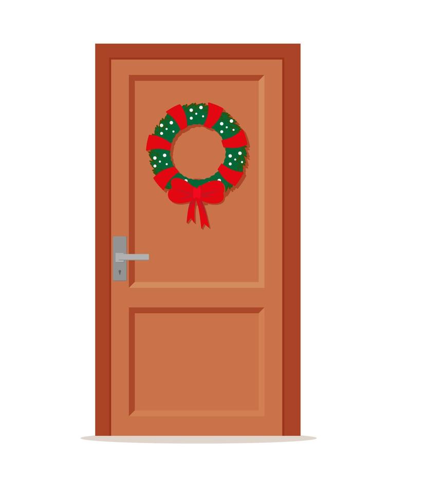 Christmas card, banner. Window and door decorated for Christmas. Coziness, comfort. Vector graphics.