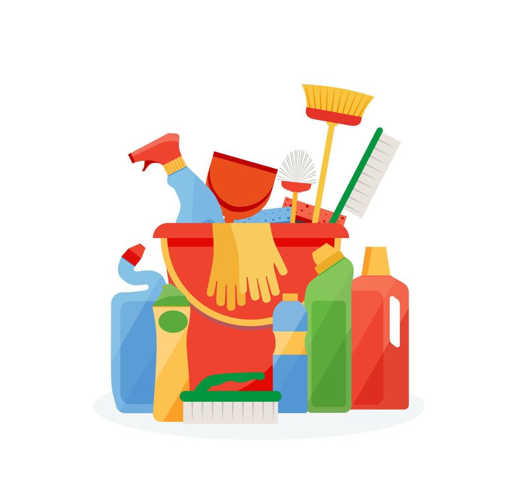 Assorted cleaning items set with brooms, bucket, mops, spray, brushes, sponges. Cleaning accessories flat style. vector