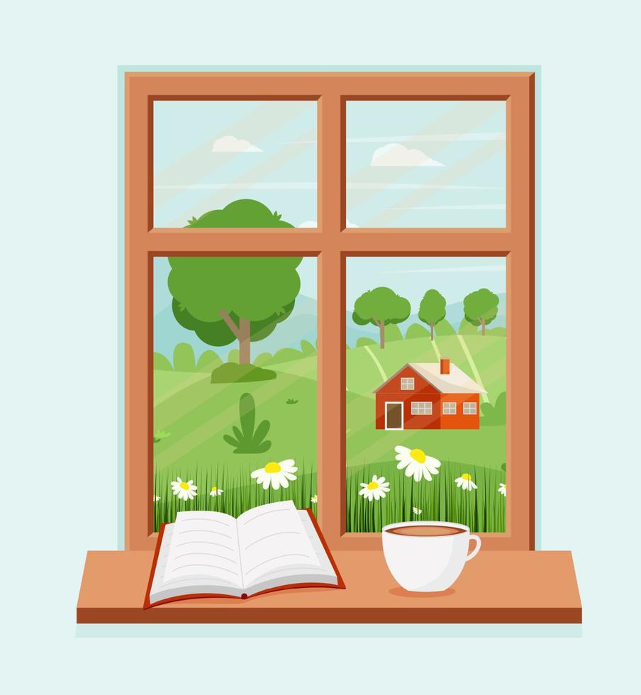 Spring window with landscape with a book and a coffee cup on the sill. Vector illustration in flat style