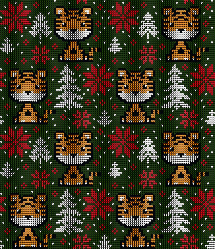 Knitted Christmas and New Year pattern in Tiger. Wool Knitting Sweater Design. Wallpaper wrapping paper textile print. vector