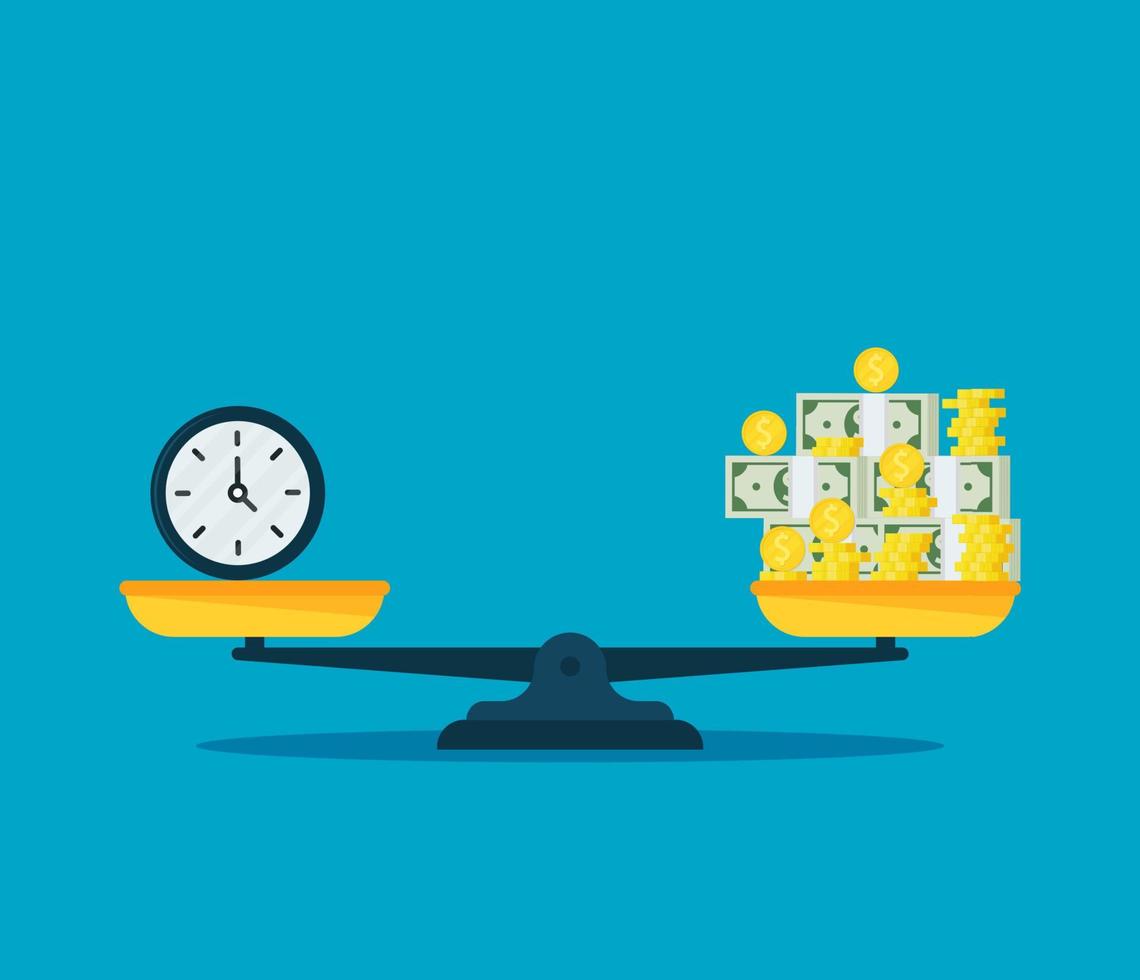 Scales balancing with money and watches. Vector flat style illustration.