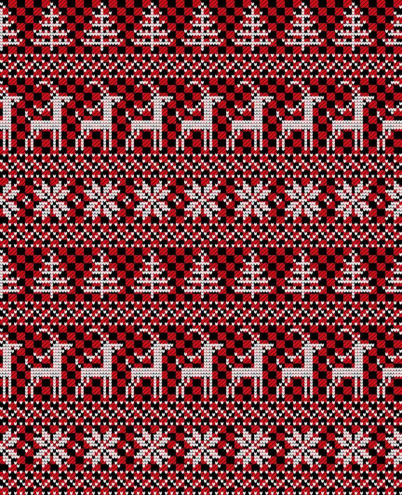 Knitted Christmas and New Year pattern at Buffalo Plaid. Wool Knitting Sweater Design. Wallpaper wrapping paper textile print. vector