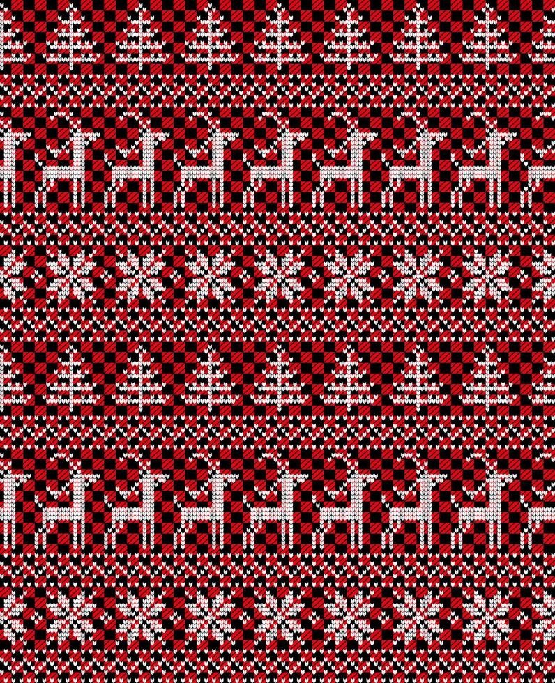 Knitted Christmas and New Year pattern at Buffalo Plaid. Wool Knitting Sweater Design. Wallpaper wrapping paper textile print. vector