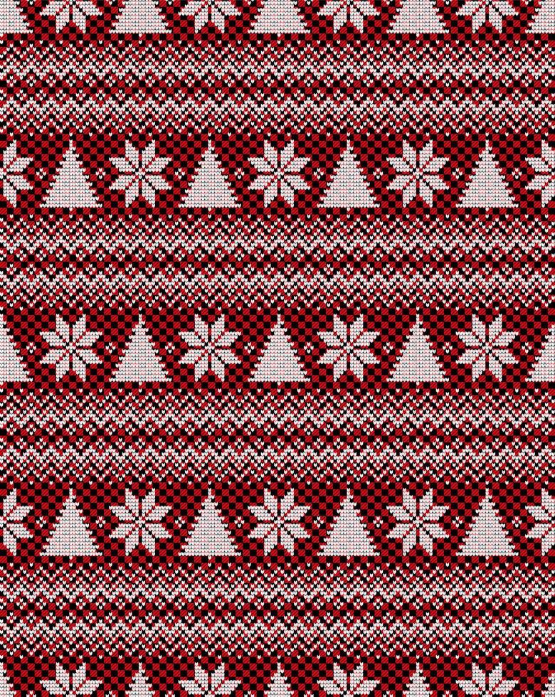 Knitted Christmas and New Year pattern at Buffalo Plaid. Wool Knitting Sweater Design. Wallpaper wrapping paper textile print. vector