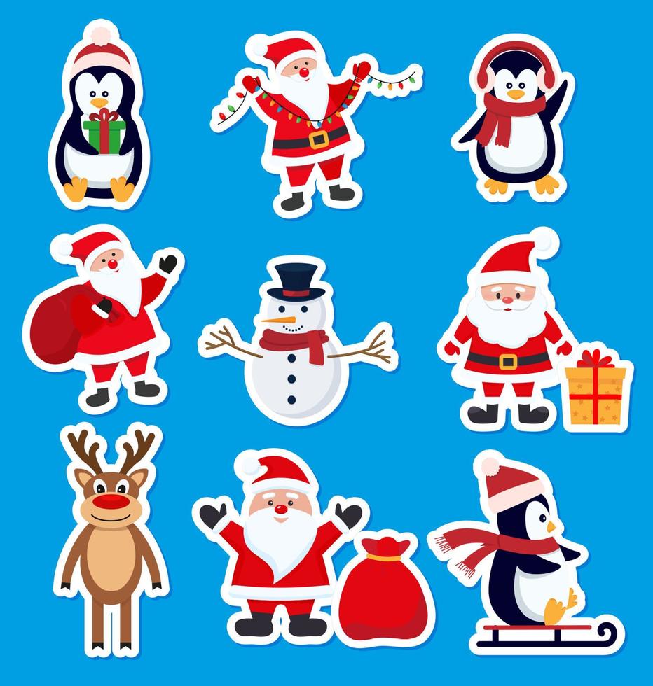 pegatinas conjunto de navidad de santa claus, muñeco de nieve, ciervos y pingüinos, diseño de ilustraciones vectoriales vector