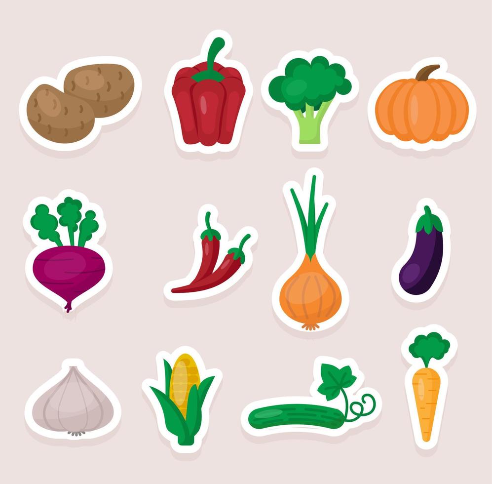 Set of cute vector stickers vegetables icons. Flat style.
