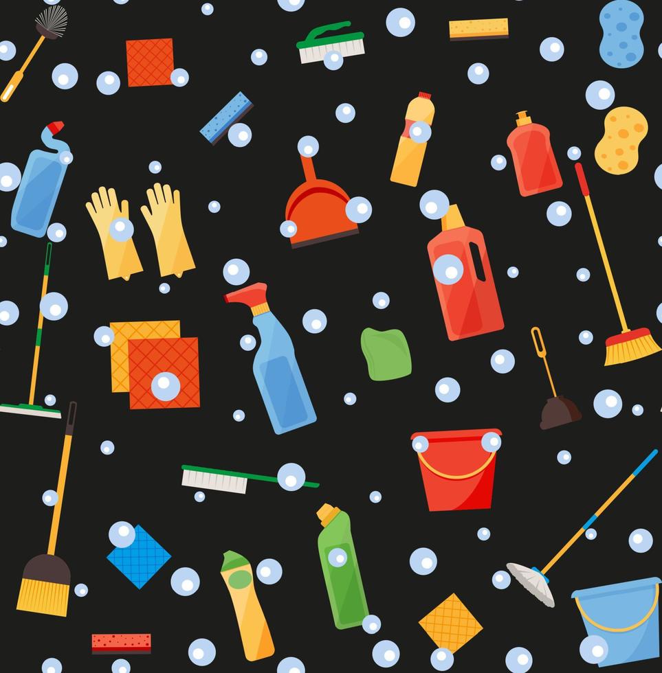 Assorted cleaning items set with brooms, bucket, mops, spray, brushes, sponges. Seamless pattern vector