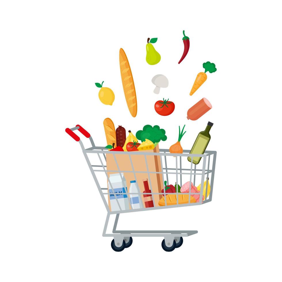 carrito de supermercado lleno de diferentes comestibles frescos. ilustración plana vectorial. vector