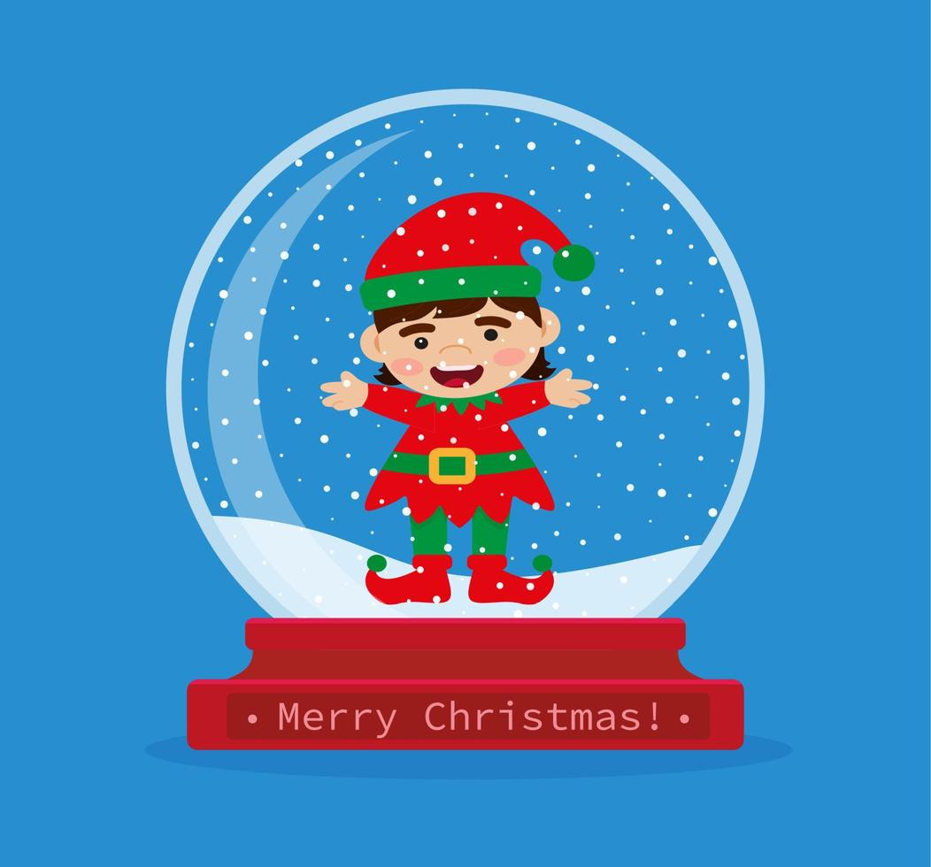 Christmas snow globe with elf inside. Merry Christmas. Celebrating new year and christmas. Vector illustration in flat style