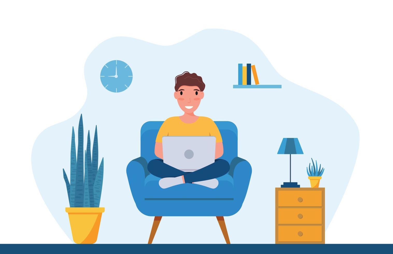 guy sits on a chair with a laptop. freelance work. vector illustration