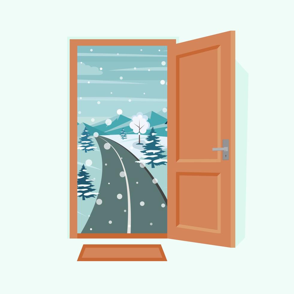 puerta a un paisaje invernal. ilustración de vector de estilo de dibujos animados plana.