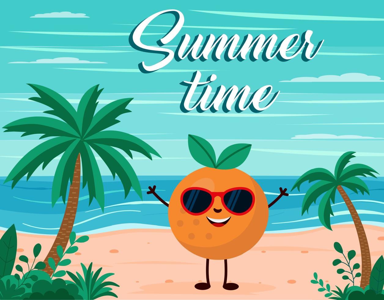 divertido fondo de playa de verano con carácter de fruta naranja. estilo de dibujos animados postal de horario de verano vector