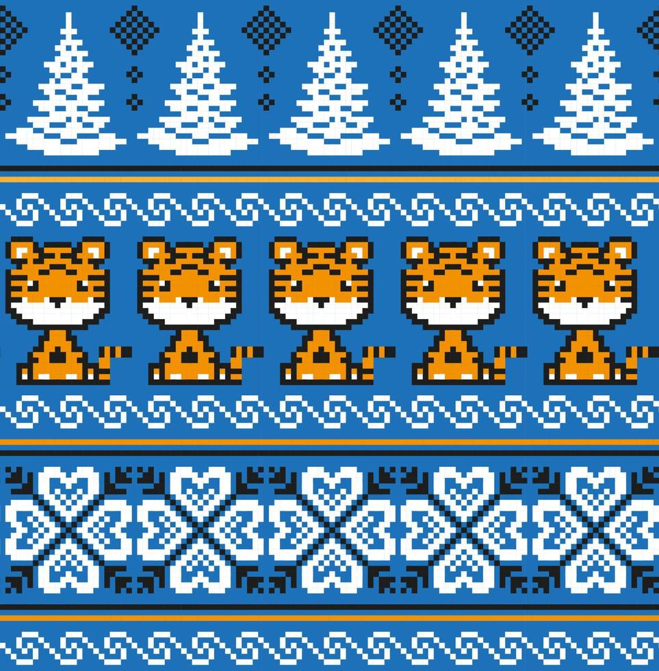 Knitted Christmas and New Year pattern in Tiger. Wool Knitting Sweater Design. Wallpaper wrapping paper textile print. vector