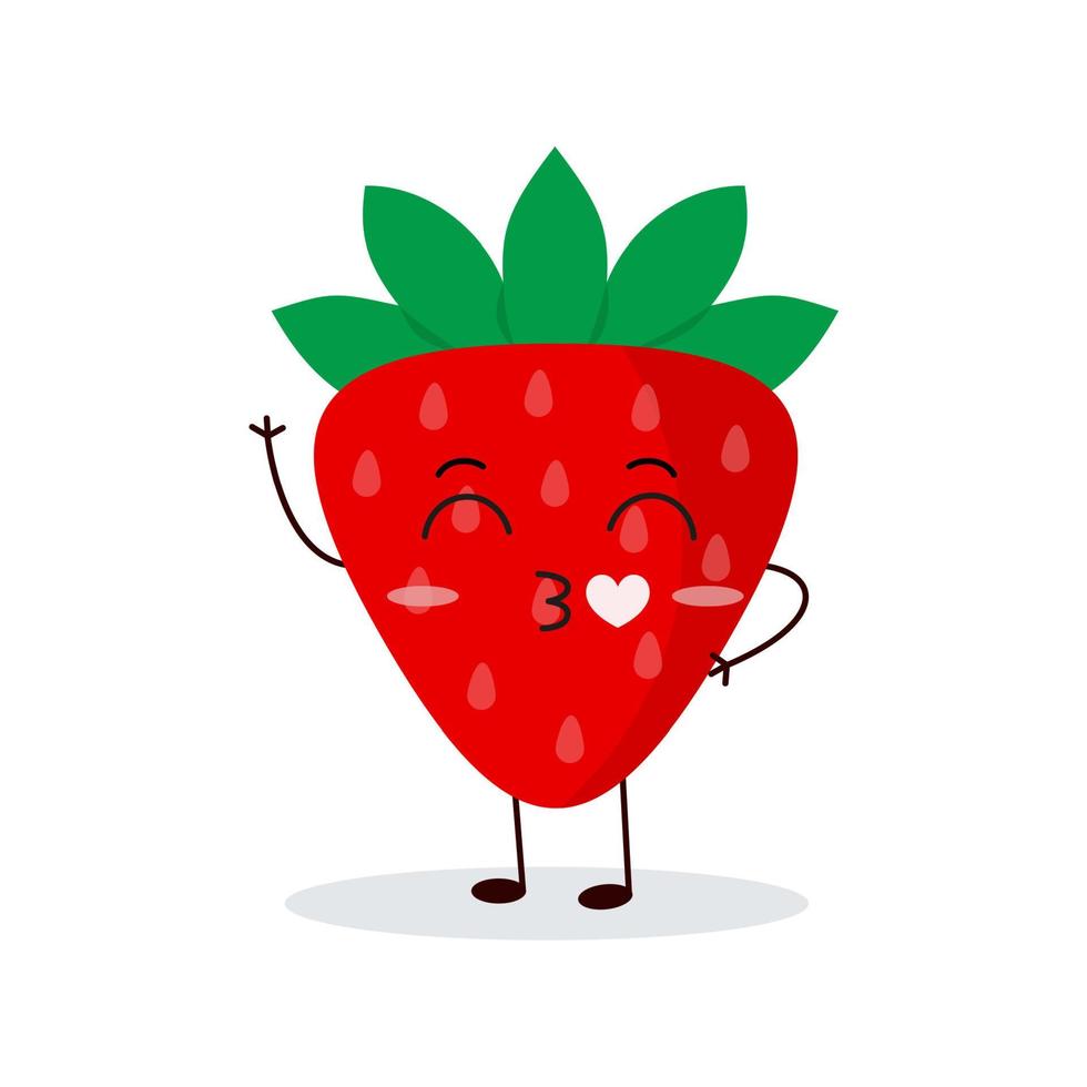 Cute happy strawberry character. Funny fruit emoticon in flat style. vector