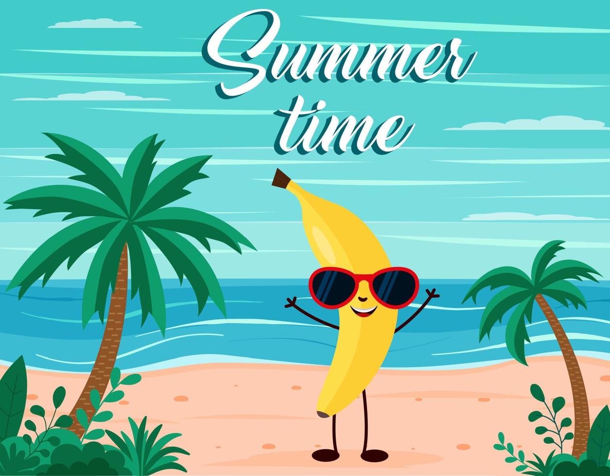 divertido fondo de playa de verano con carácter de fruta de plátano. estilo de dibujos animados postal de horario de verano vector