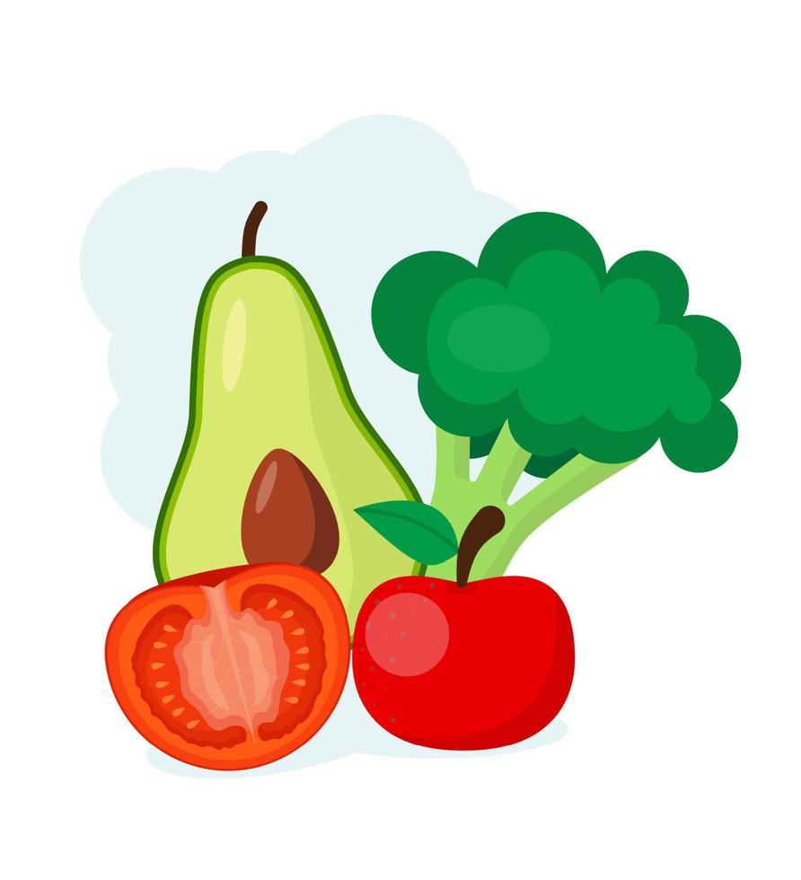 Avocado, apple, broccoli, carrot fresh, dietary, organic, food. Cartoon style vector