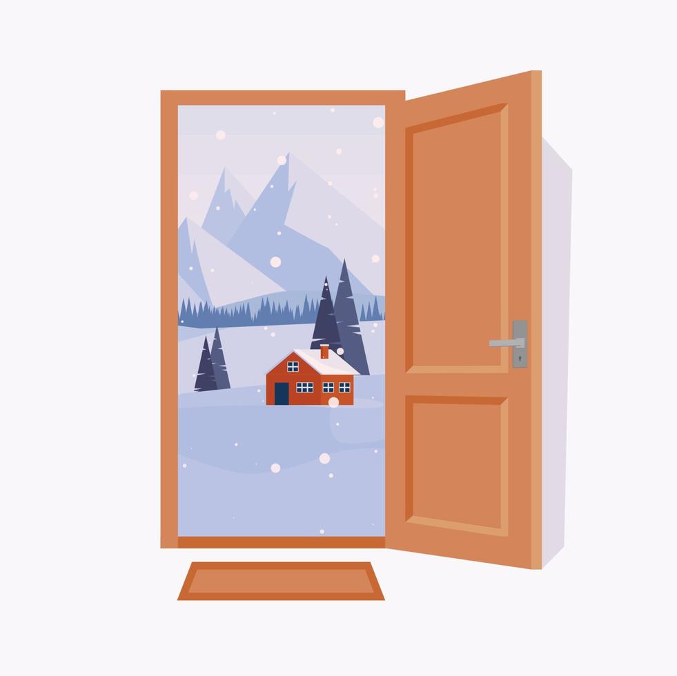 Door to a winter landscape. Flat cartoon style vector illustration.