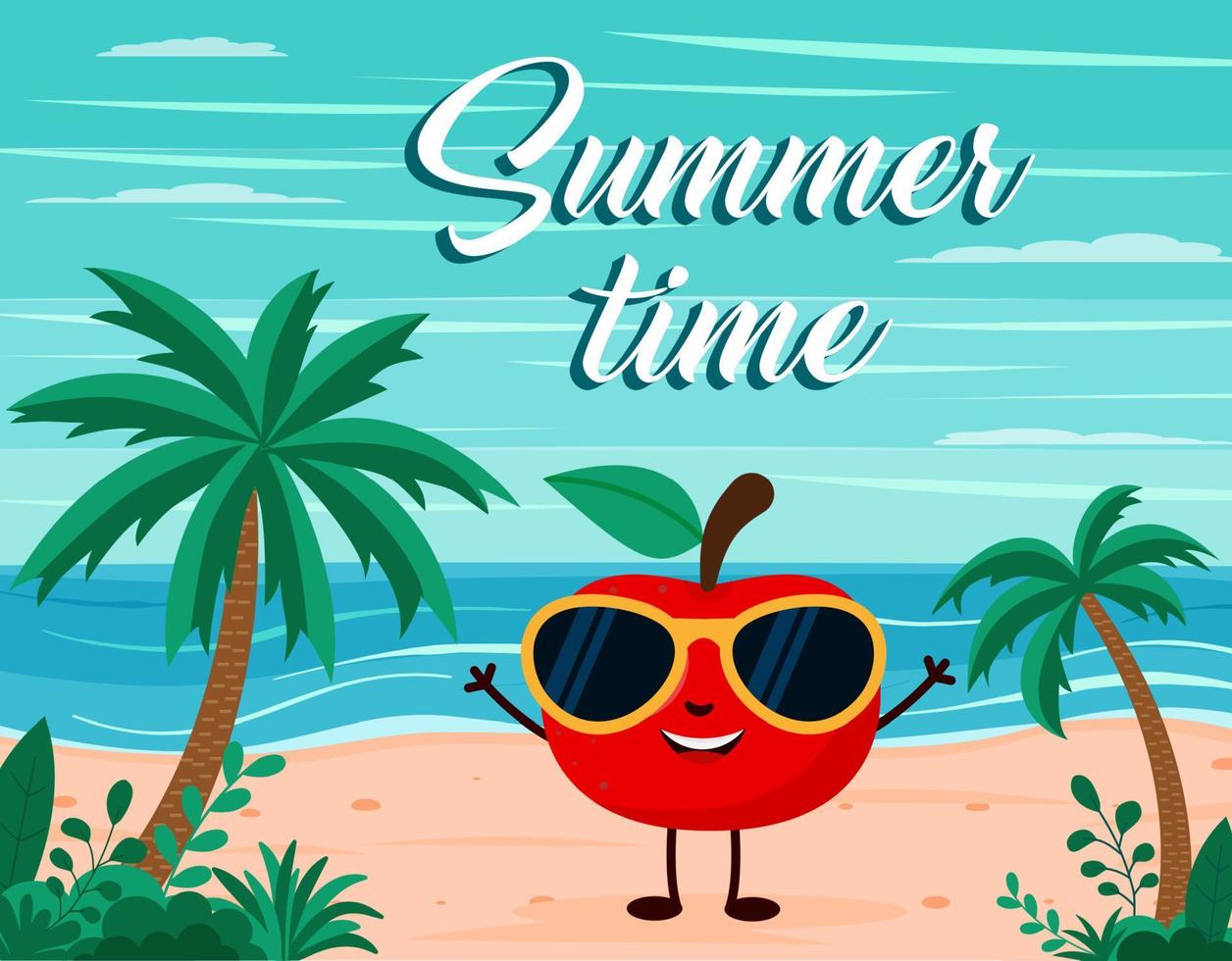 divertido fondo de playa de verano con carácter de fruta de manzana. estilo de dibujos animados postal de horario de verano vector