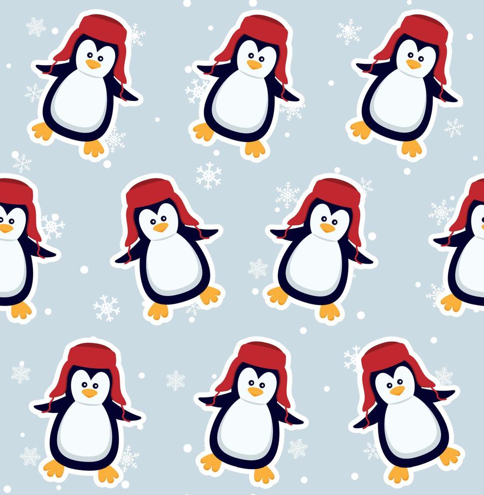 Penguins seamless pattern. Cute baby penguins in winter clothing and hats, christmas arctic animal, kids textile or wallpaper vector texture.