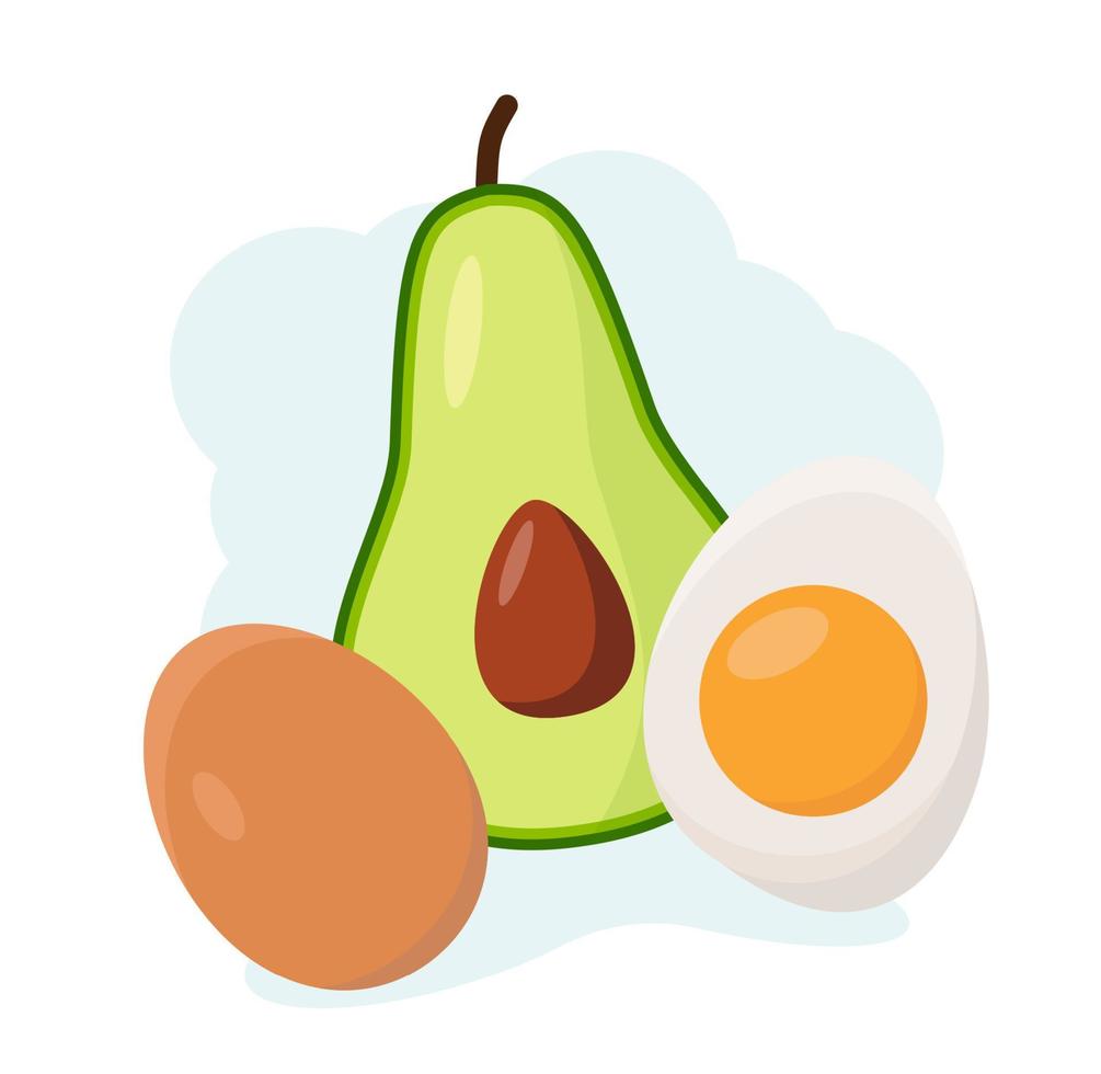 Avocado and egg are fresh, dietary, organic, food. Cartoon style vector
