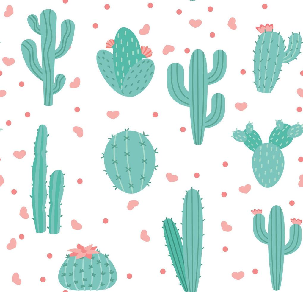 Seamless pattern with cactus and succulents, vector illustration in vintage style on white background.