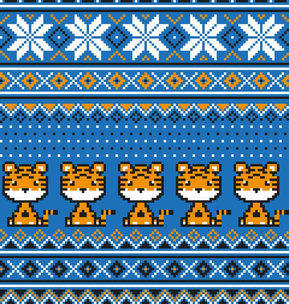 Knitted Christmas and New Year pattern in Tiger. Wool Knitting Sweater Design. Wallpaper wrapping paper textile print. vector