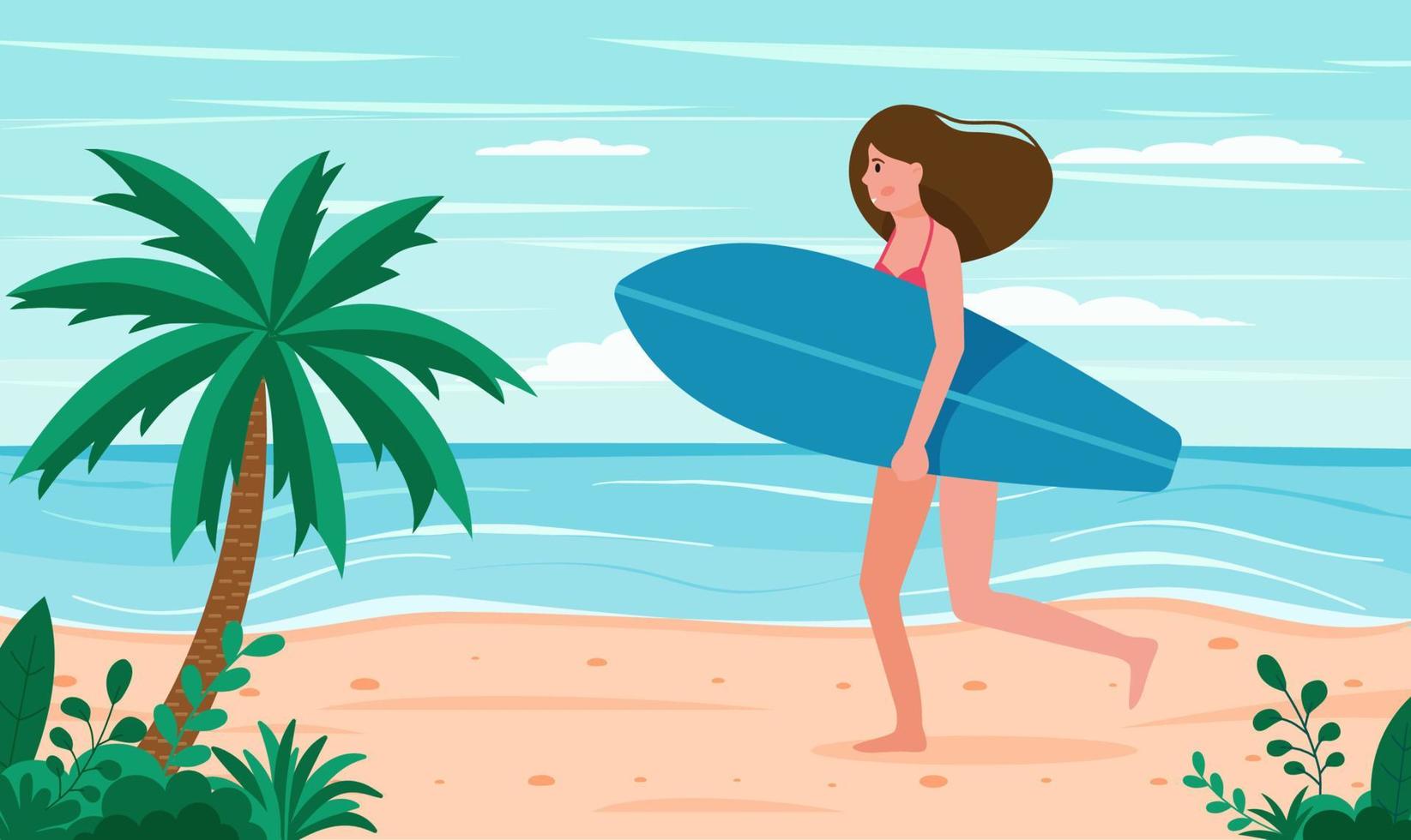 Funny summer beach background girl with surfboards on the beach. vector